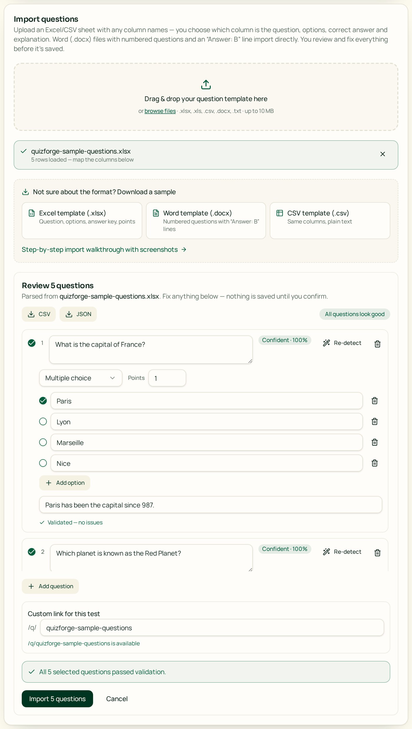 Import review step showing editable questions, confidence badges, re-detect buttons and the final Import questions button