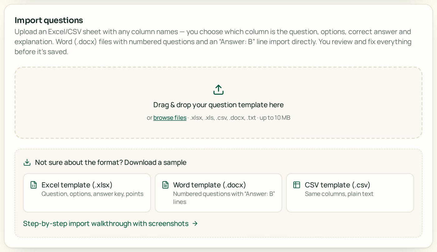 The Quizforge import panel showing the drag and drop area and the Excel, Word and CSV template downloads